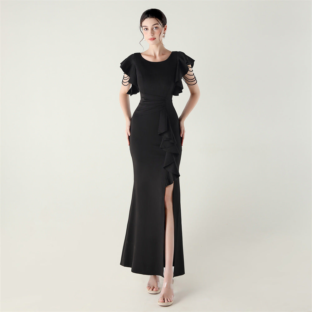 Heavy Industry Bead Tube Satin Evening Dress Deep V Lotus Leaf Pendant Bead Chain Bead Ordering Banquet Skirt