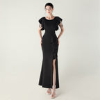 Heavy Industry Bead Tube Satin Evening Dress Deep V Lotus Leaf Pendant Bead Chain Bead Ordering Banquet Skirt