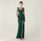 New bead pressing and folding process deep V-neck evening dress slim banquet robe