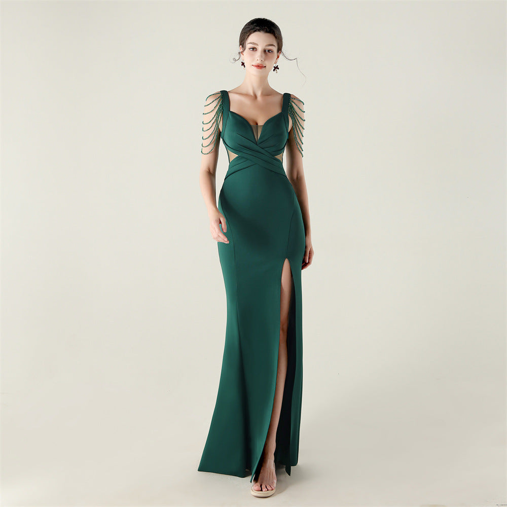 New bead pressing and folding process deep V-neck evening dress slim banquet robe