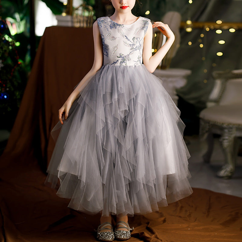 Ballkleid für Kleinkinder, Mädchen, Blumenmuster, Kommunionkleid, Sommerkleid, Grau, ärmellos, Festkleid, Prinzessinnenkleid 
