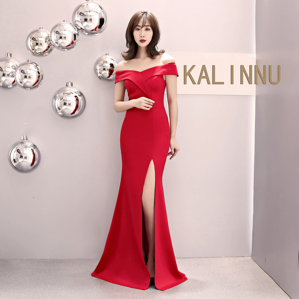 Banquet evening dress new elegant long one-word shoulder fishtail host dress long dress