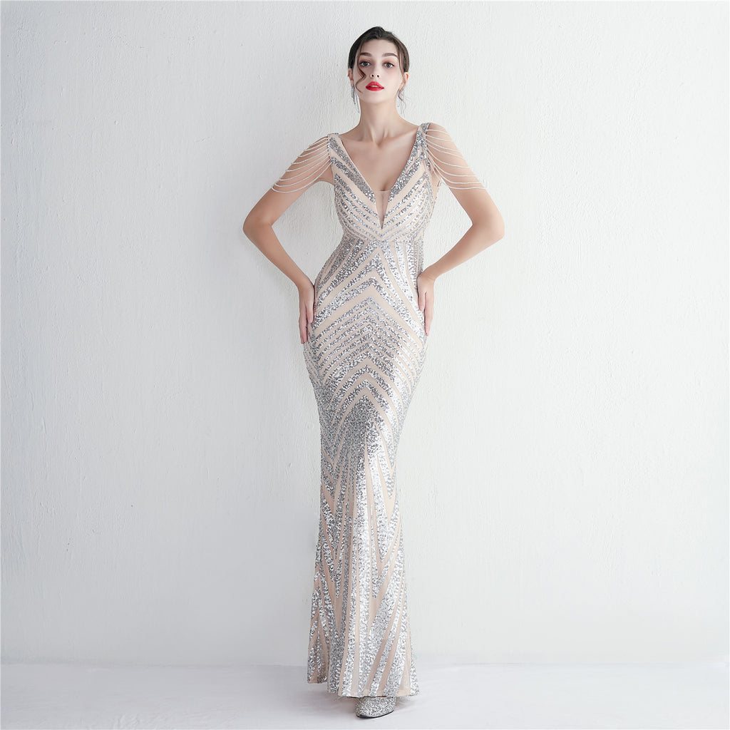 Positioning flower beaded evening dress long banquet slim evening dress temperament elegant long sequins