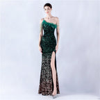 New extended ostrich hair beaded sequined single shoulder diagonal neck high fork evening dress
