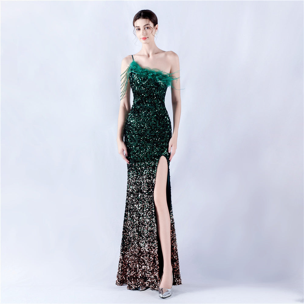 New extended ostrich hair beaded sequined single shoulder diagonal neck high fork evening dress