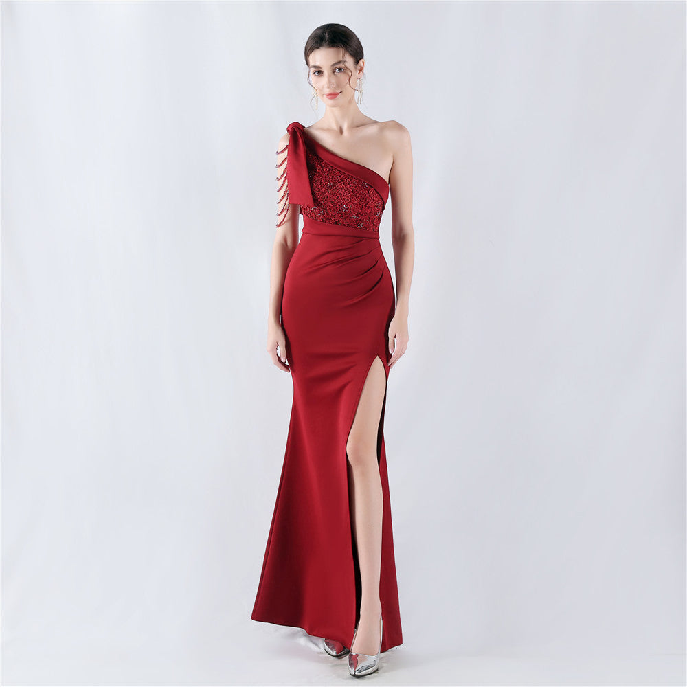 Craft hot diamond lace high-end foreign trade satin evening dress