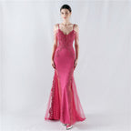 Heavy Industry Hot Drilled Fishbone Vest Lace Lace Bead High Fork Evening Dress