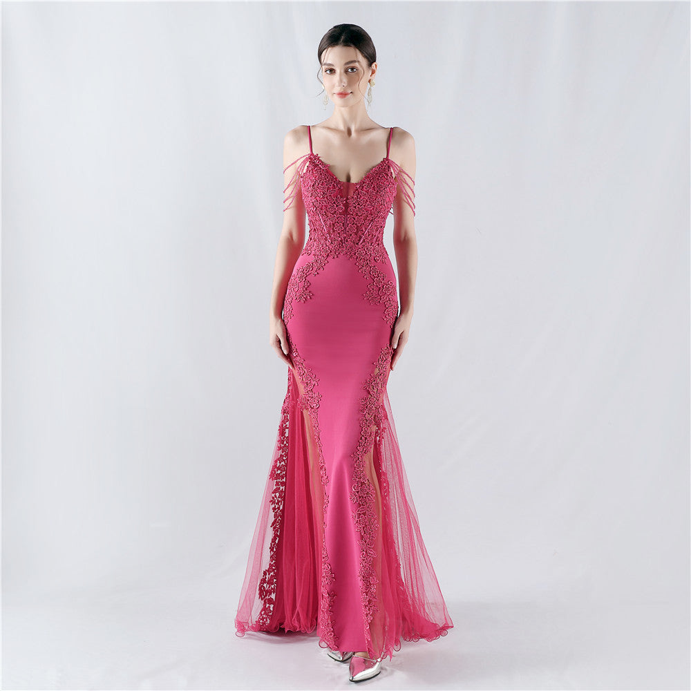 Heavy Industry Hot Drilled Fishbone Vest Lace Lace Bead High Fork Evening Dress