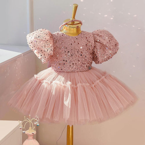 Vestido de primera comunión para niña, rosa, con lentejuelas y lazo, para fiesta de cumpleaños. 