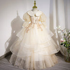 Blumenmädchenkleid für Kinder, Kommunion, Sommer, elegant, Pailletten, Puppenkragen, flauschig, Taufkleid 