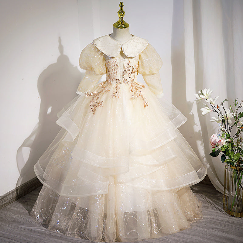 Blumenmädchenkleid für Kinder, Kommunion, Sommer, elegant, Pailletten, Puppenkragen, flauschig, Taufkleid 