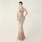 New Bead Embroidery Sequins Waist Strap Deep V Heart Suspender Evening Dress, Banquet Party