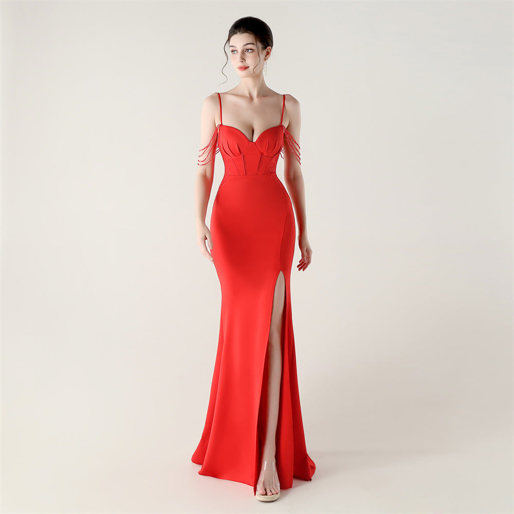New evening dress fish bone waist lace beads slim formal dinner wedding fishtail evening dress