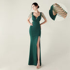 New bead pressing and folding process deep V-neck evening dress slim banquet robe