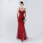Heavy Industry Hot Drilled Fishbone Vest Lace Lace Bead High Fork Evening Dress