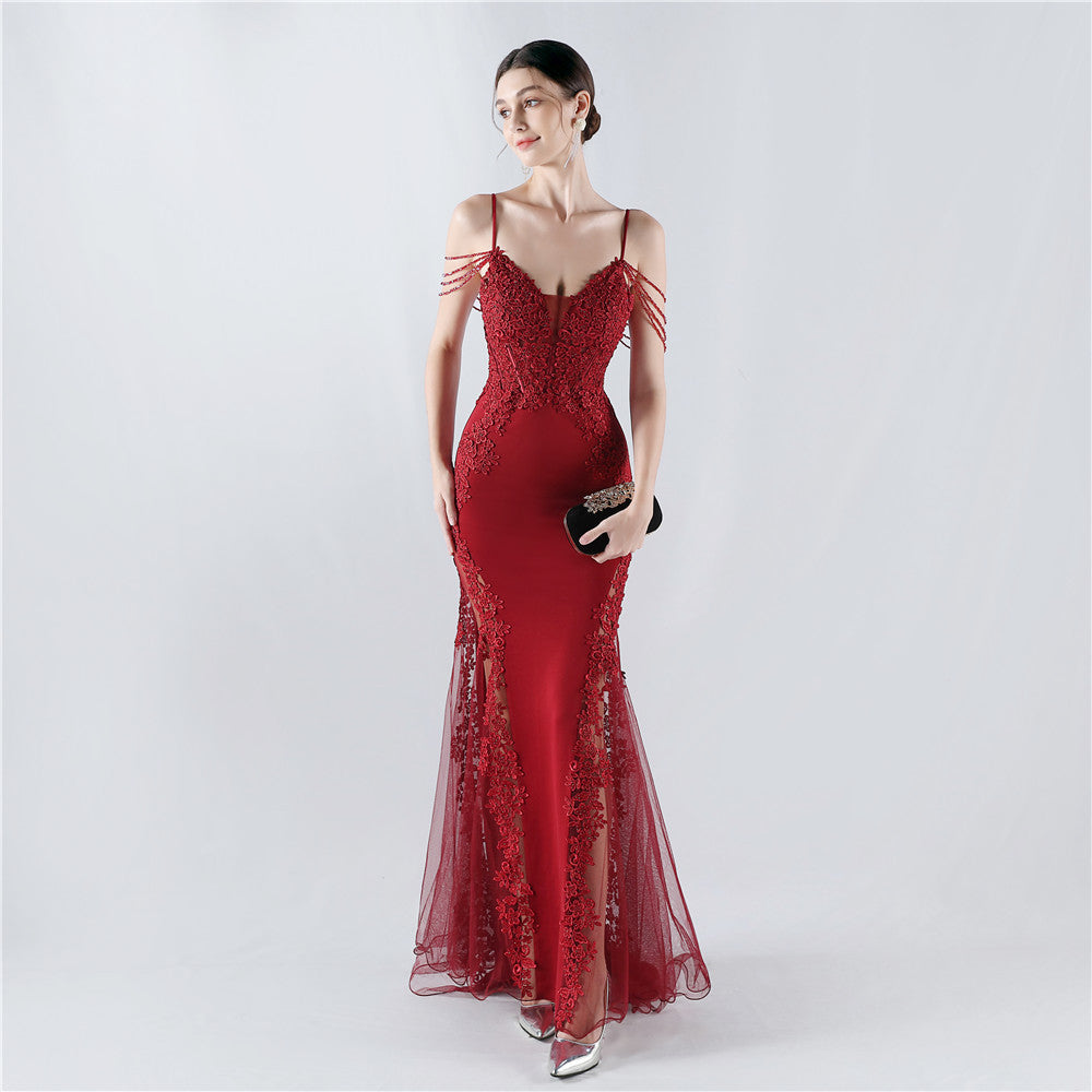 Heavy Industry Hot Drilled Fishbone Vest Lace Lace Bead High Fork Evening Dress