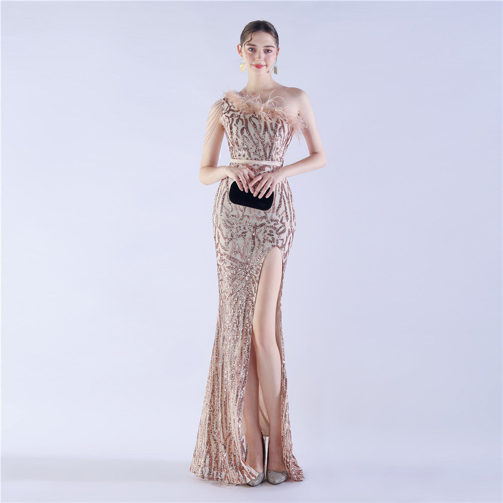 Dress new craft beaded ostrich hair oblique collar shoulder high-end evening dress