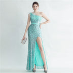 Heavy industry ostrich hair craft bundle hair slant shoulder side split high-end evening dress