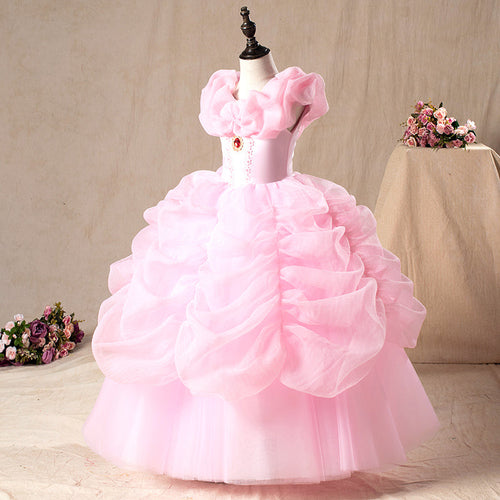 Vestido de primera comunión para niña, formal, rosa, elegante, con flores esponjosas, para fiesta de cumpleaños 