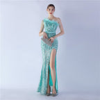 Dress new craft beaded ostrich hair oblique collar shoulder high-end evening dress