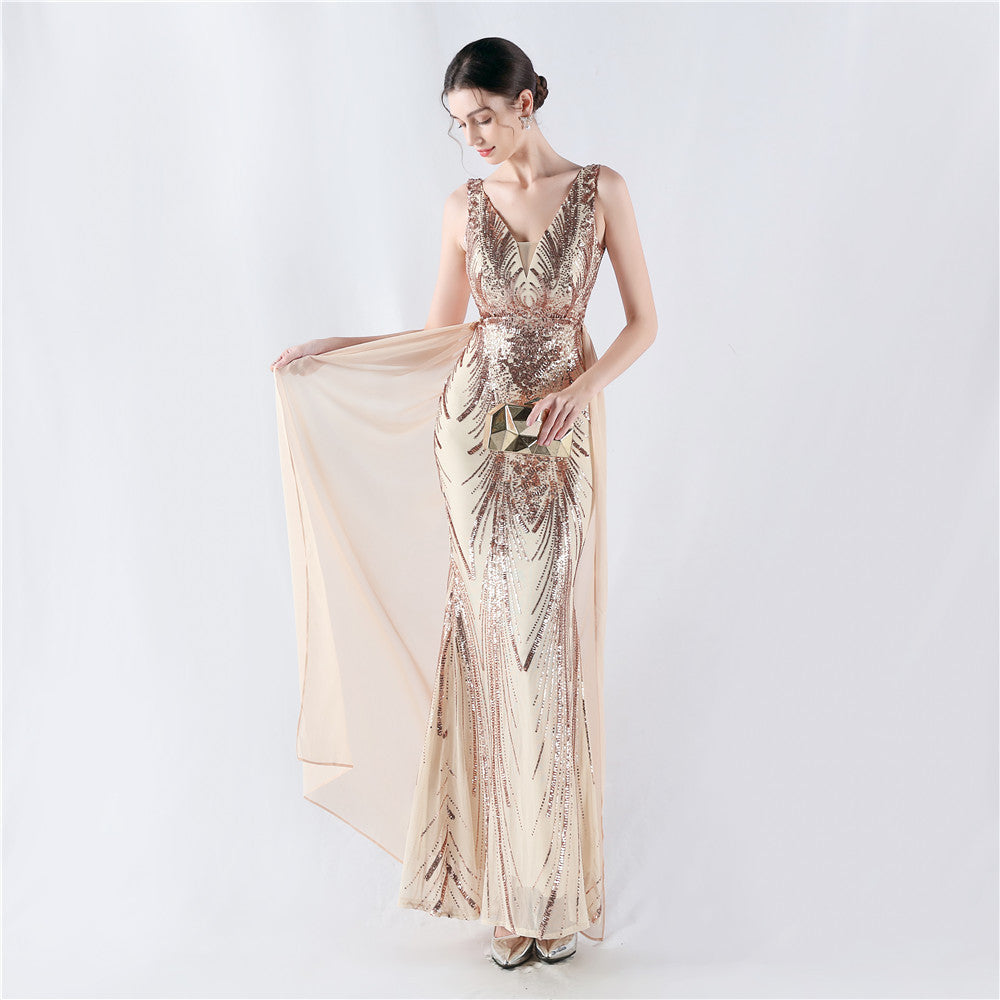 New dress positioning flower beads back beads with cape evening dress, annual meeting, performance