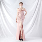 New double-tied waist-shaped ear-adjusted satin evening dress