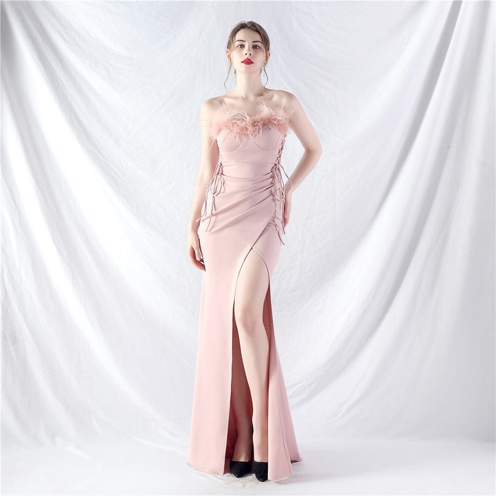 New double-tied waist-shaped ear-adjusted satin evening dress