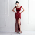 Flannel ten beads new dress long banquet slim evening dress temperament elegant long sequins