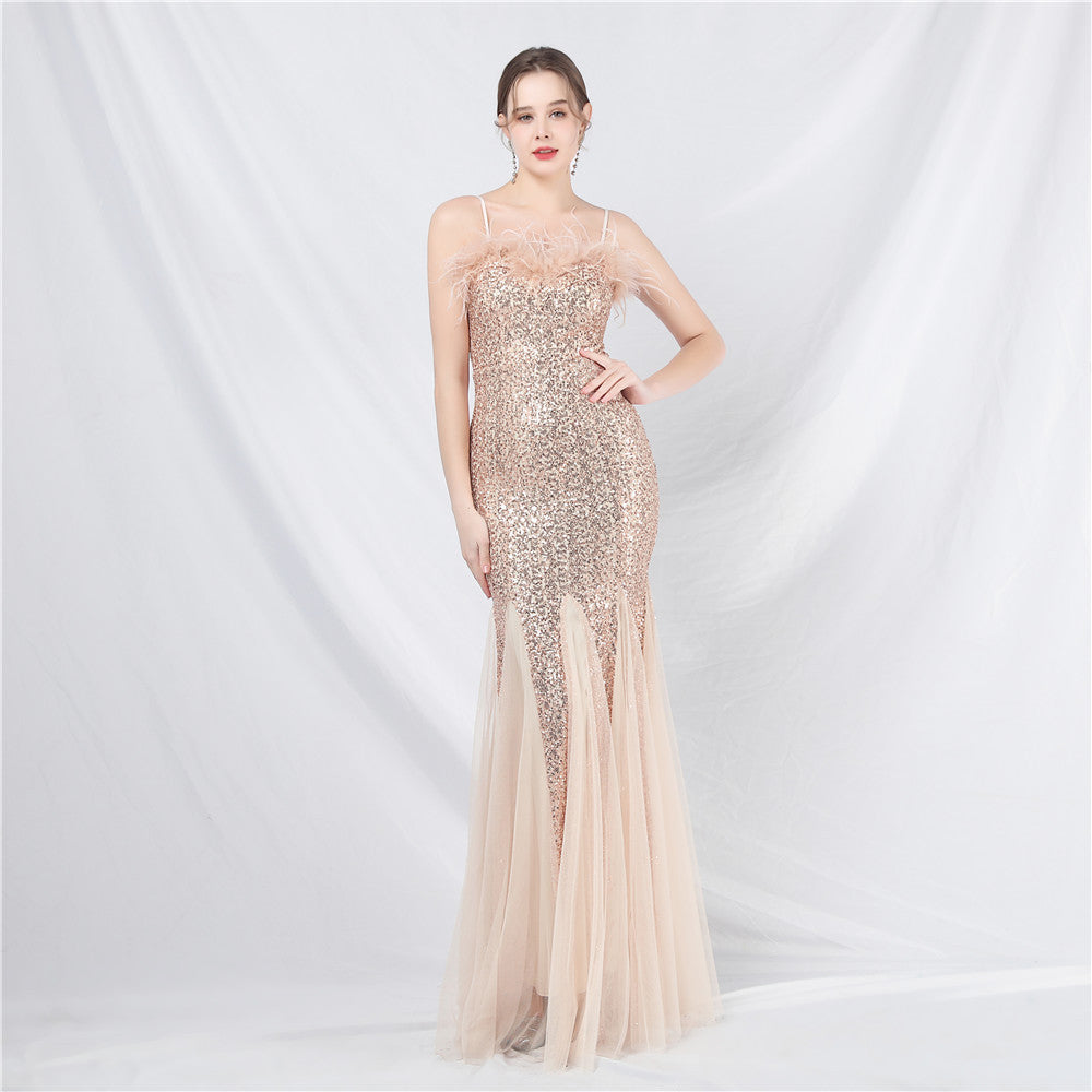 New craft order ostrich hair mesh bead long evening dress
