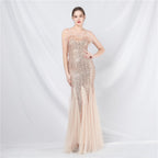 New craft order ostrich hair mesh bead long evening dress