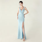 New cross-pleated hollow mesh deep V-neck evening dress slim banquet robe