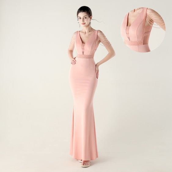 New deep V-neck high-density beads decorative slim-fitting evening dress banquet wedding performance