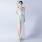 Heavy industry beaded hair single shoulder diagonal collar high fork sequined dinner dress