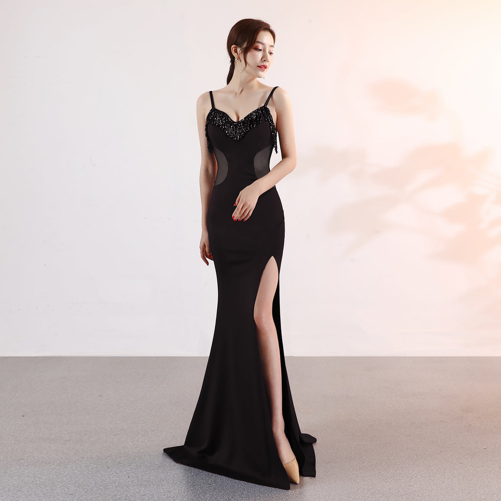 Sling deep V party dress new long sexy slim split performance celebrity evening wear