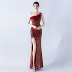 Heavy industry beaded hair single shoulder diagonal collar high fork sequined dinner dress