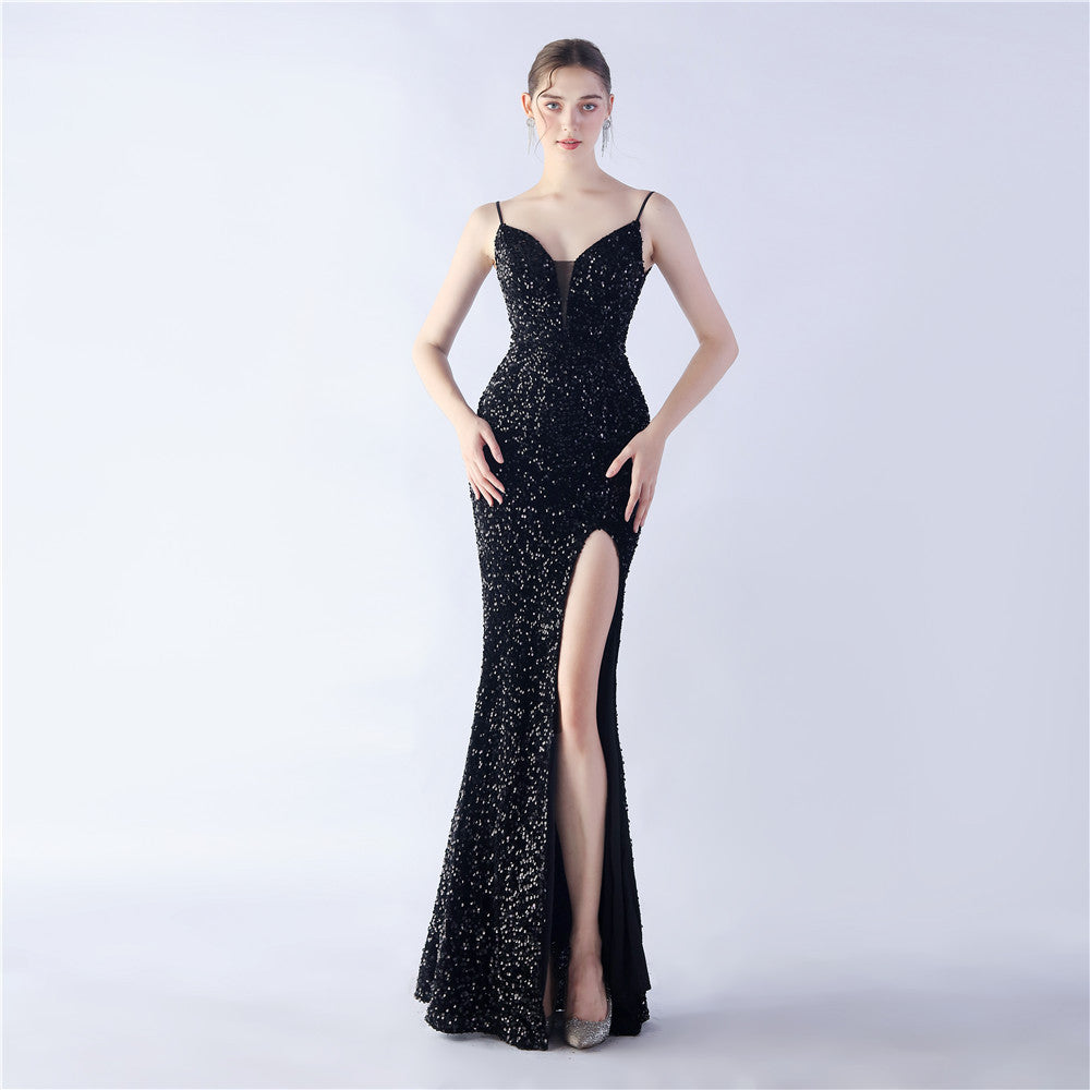Symphony bead side split long suspender evening dress