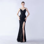Symphony bead side split long suspender evening dress