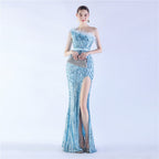 Dress new craft beaded ostrich hair oblique collar shoulder high-end evening dress