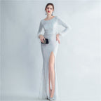 High-density ostrich hair beads long-sleeved fishtail high-end evening dress