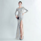 New sequined long-sleeved test split high-end evening dress