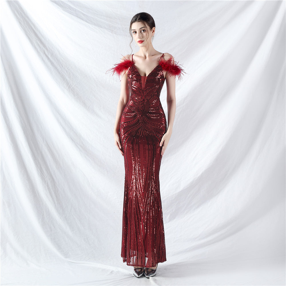 new dress craft order ostrich hair positioning flower bead piece evening dress