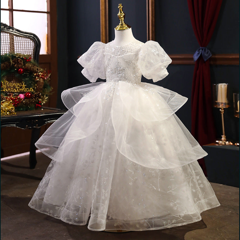 Kommunionskleid, elegantes weißes Paillettenkleid für Mädchen, festliches Prinzessinnenkleid 