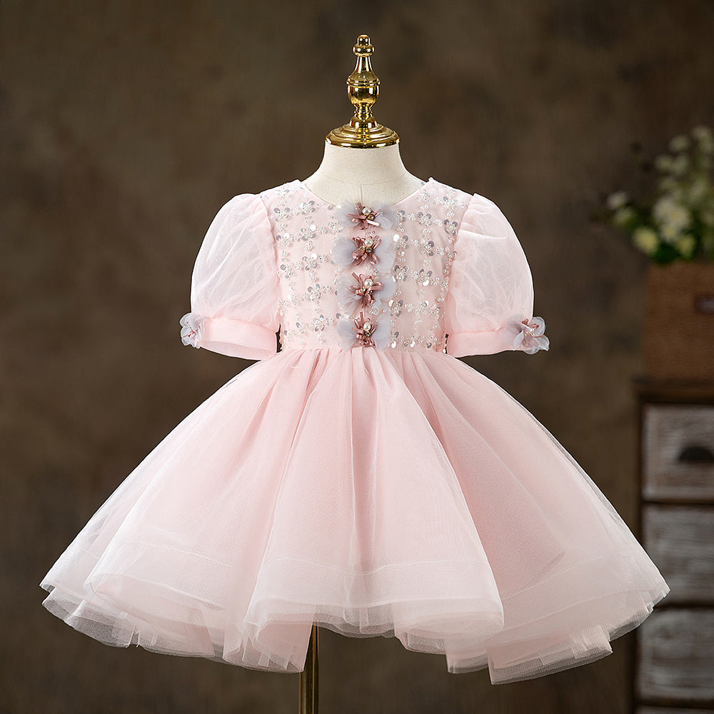 Vestido de verano para niña pequeña, de malla rosa con lentejuelas, para comunión, desfile, princesa 