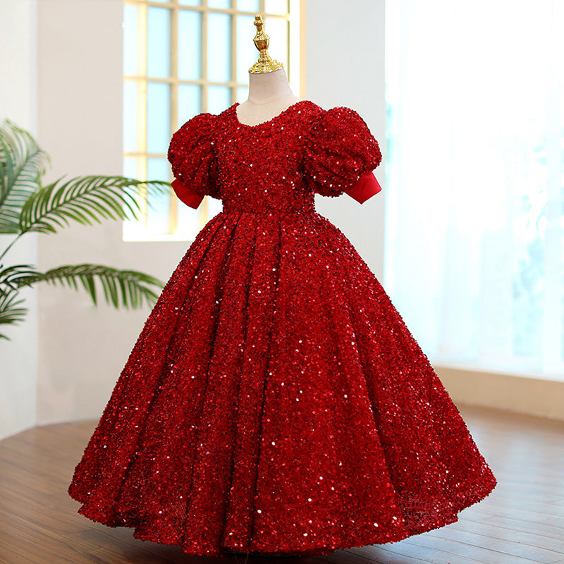 Mädchen Weihnachtskleid, Kommunionskleid, rotes Paillettenkleid mit Rundhalsausschnitt, Geburtstagskleid, Prinzessinnenkleid 