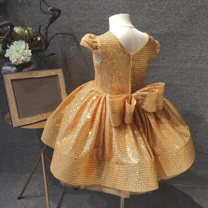 Elegante vestido de lentejuelas doradas para niña, vestido de princesa de primera comunión para niña pequeña 