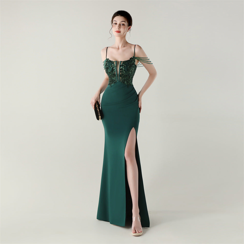 New bead tube craft fishbone strap waist formal banquet dance suspender sequined evening dress