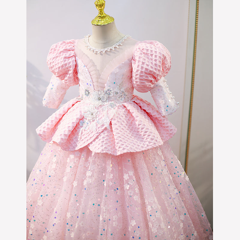 Blumenmädchenkleid für Kinder, Kommunion, Festzug, elegant, süß, Pailletten, rosa, Prinzessinnenkleid 