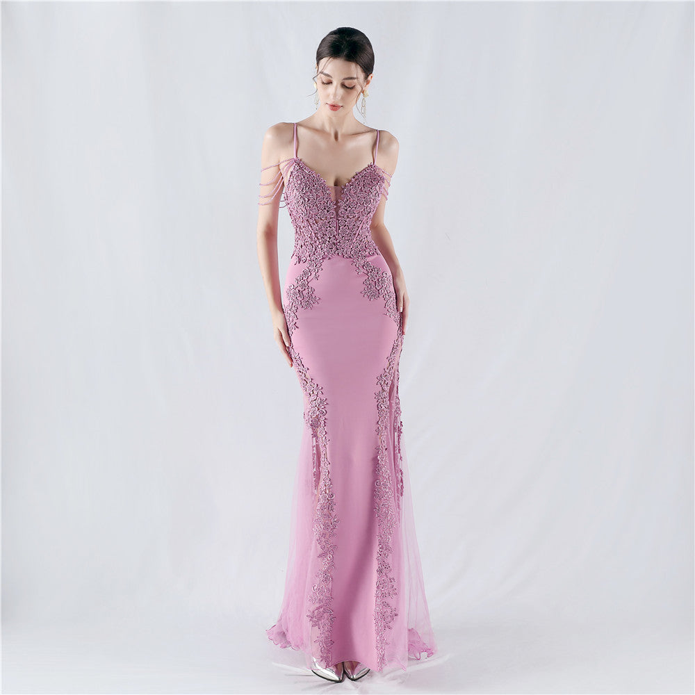 Heavy Industry Hot Drilled Fishbone Vest Lace Lace Bead High Fork Evening Dress