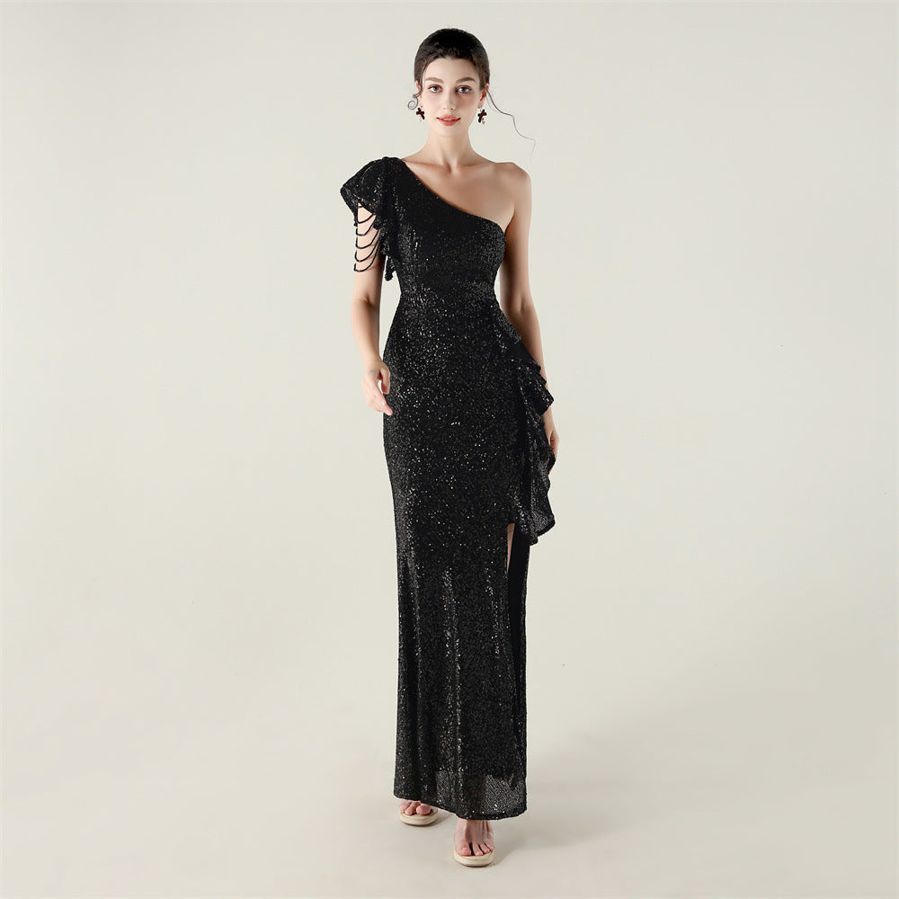 New single shoulder ruffle pendant bead chain handmade sequined evening dress, banquet party wedding