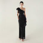 New single shoulder ruffle pendant bead chain handmade sequined evening dress, banquet party wedding